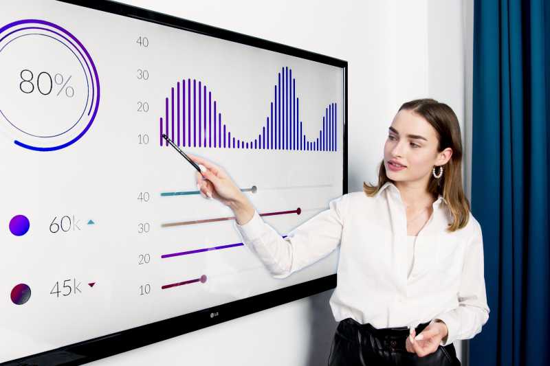 empresária explorando as tendências para 2024 demonstradas em gráfico